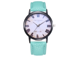 Relógio de quartzo unissex com pulseira de couro PU, mostrador redondo com numerais romanos, estilo moderno (verde menta)
