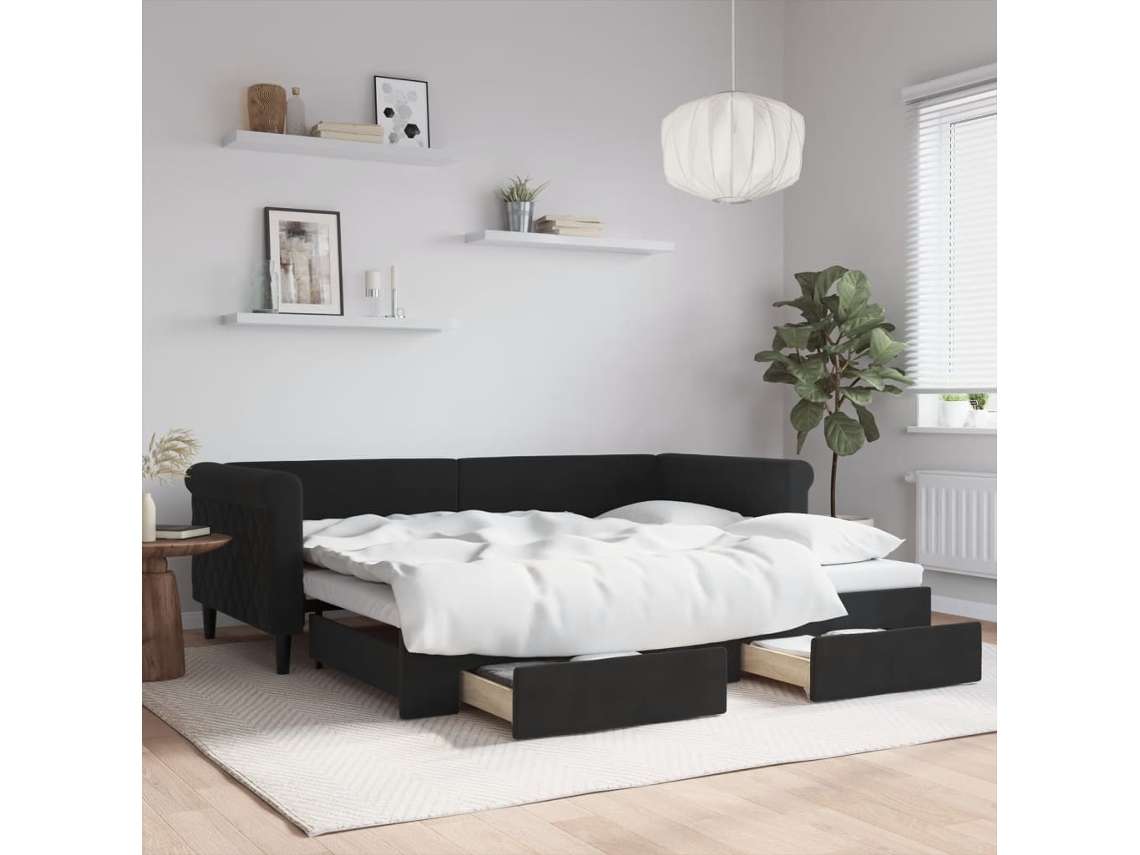Sofá Cama Com Gavetão E Gavetas 90x200 Cm Veludo Preto Lovely Home