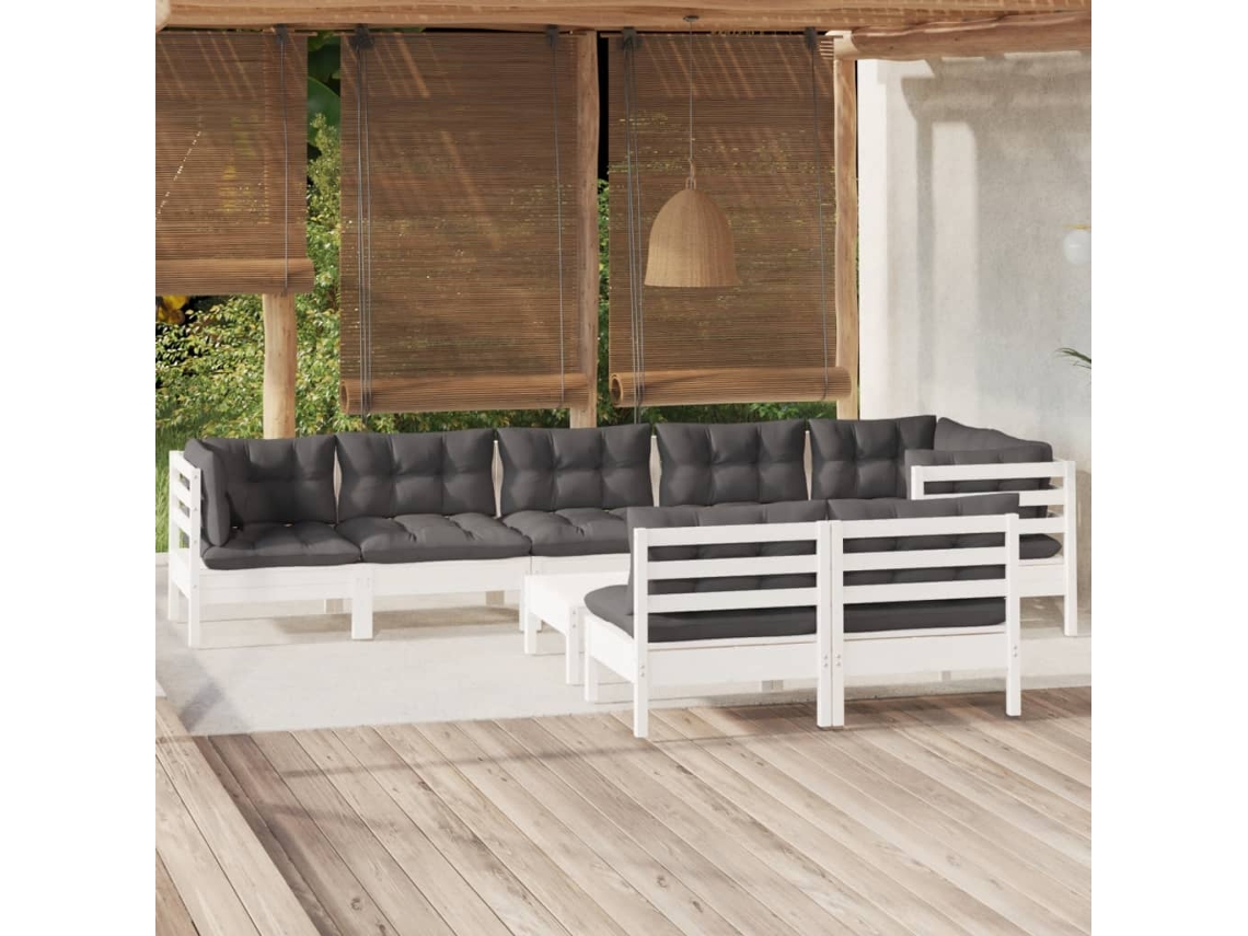Vidaxl 9 Pcs Conj. Lounge De Jardim C/ Almofadões Pinho Maciço Branco