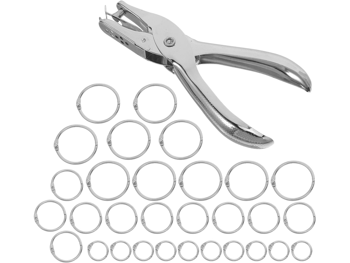 Argolas metálicas reforçadas para folhas soltas, com sistema de perfuração circular, ideais para mesas, material escolar e outros fins.