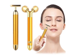 Conjunto de Massageador Facial 2 em 1 com Rolo Corte Diamante 3d e Elétrico Detalhes Ouro 4k. GOKOCO