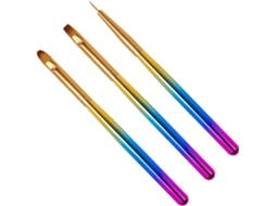 Conjunto de 3 pinças para nail art com cabos de policarbonato degradê e cerdas de nylon.