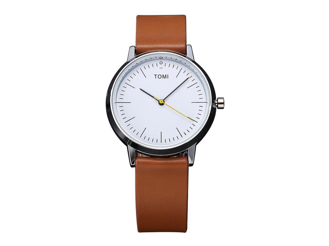 Relógio de pulso masculino Tomi Fashion, quartzo, pulseira de PU, mostrador redondo, marrom e preto.