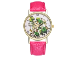 Relógio de pulso analógico de quartzo com mostrador redondo e design elegante (rosa e vermelho)