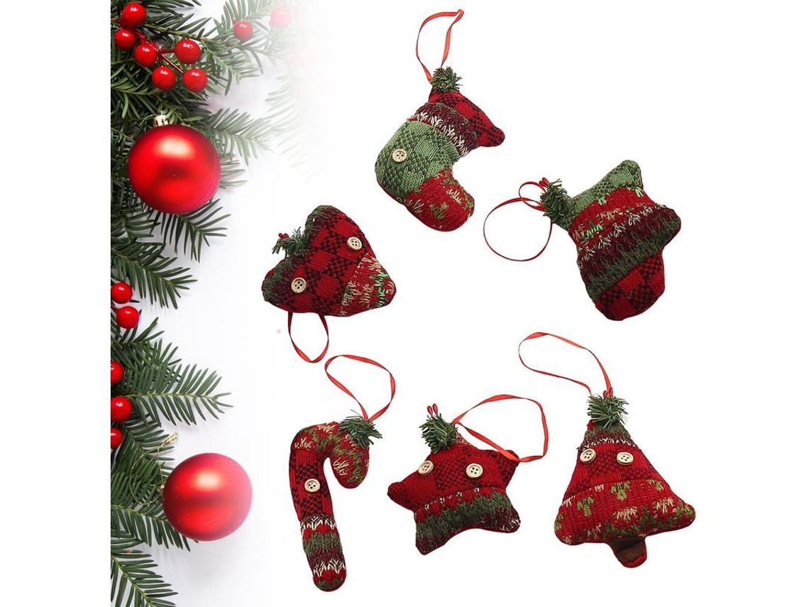 Conjunto de 6 Decorações de Natal para Árvore Pingentes de Pelúcia e Tricô | S/MARCA