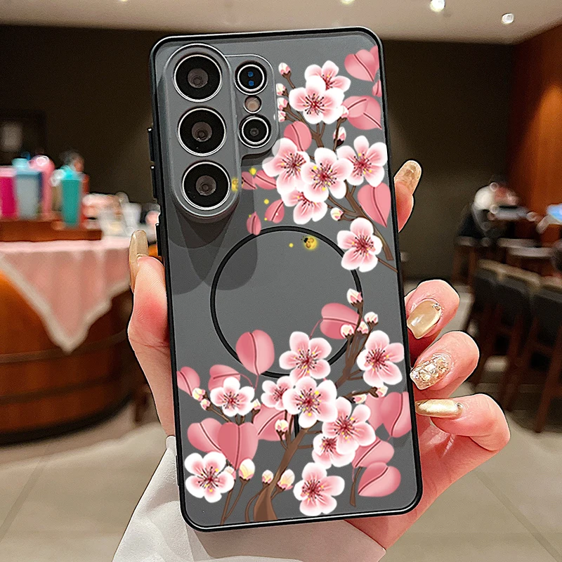 Capa Magnética Para Celular Galaxy A55 Com Estampa De Flor De Pêssego (preta)