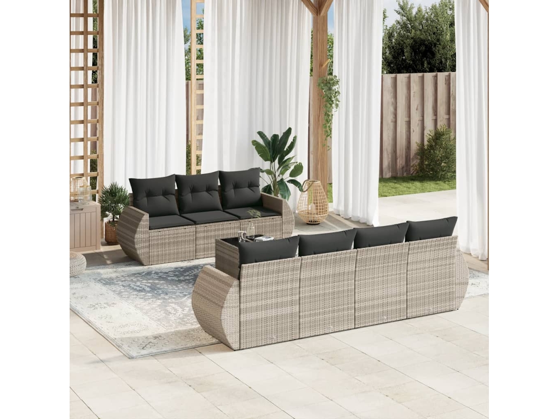 Vidaxl 8 Pcs Conj. Sofás Jardim C/ Almofadões Vime Pe Cinzento-claro