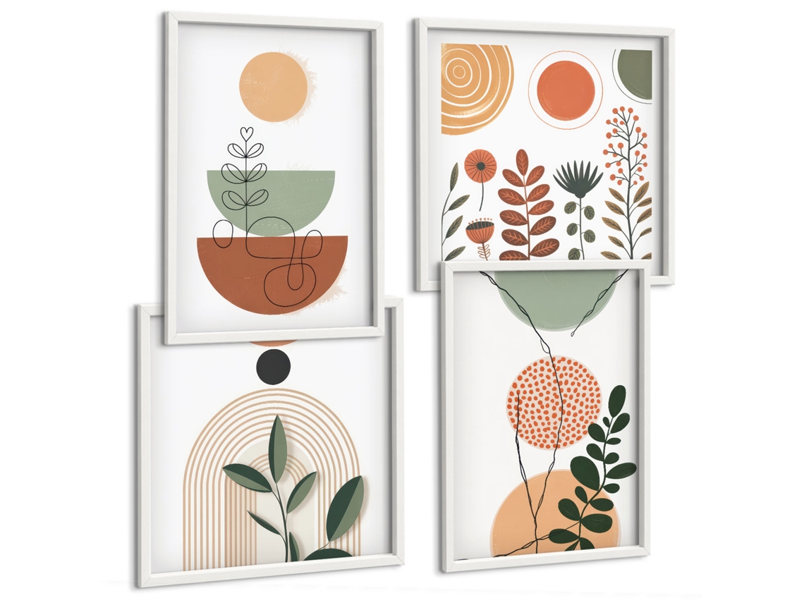 Pinturas Murais Modernas Formas Florais Abstratas Moldura Branca Pinturas De Quarto Espelharte (conjunto De 4 Imagens)