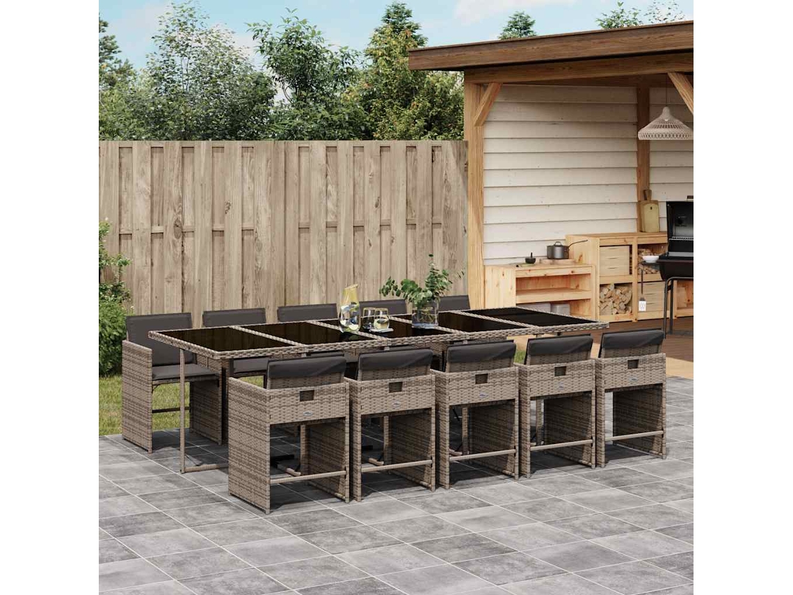 Vidaxl 11 Pcs Conjunto Jantar P/ Jardim C/ Almofadões Vime Pe Cinzento