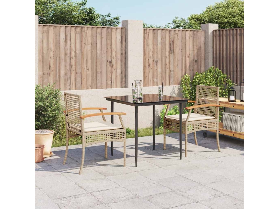 Vidaxl 3 Pcs Conjunto De Jantar P/ Jardim Com Almofadões Vime Pe Bege