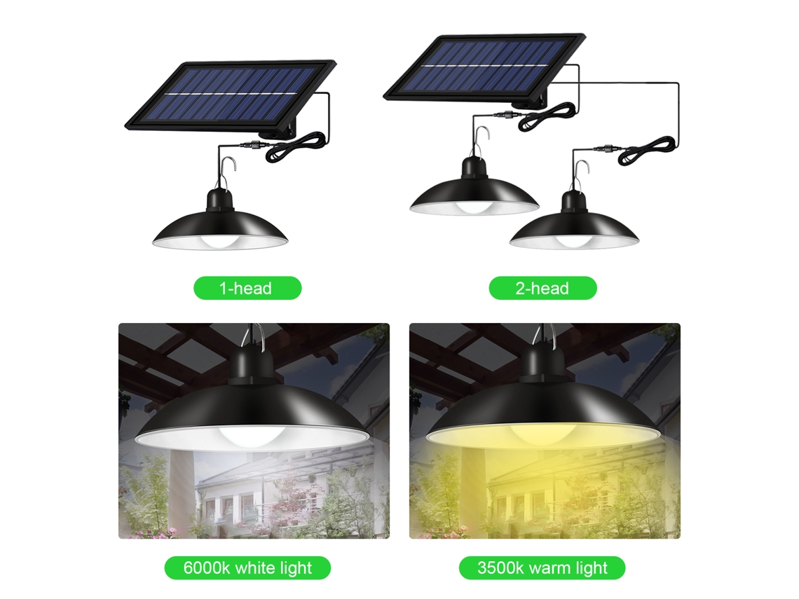 2026 luz de Teto Led Solar Regulável com 2 Cabeças, Lâmpada Pendente Ip65 para Pátio, Interior e Exterior, Controle Remoto e Temporizador