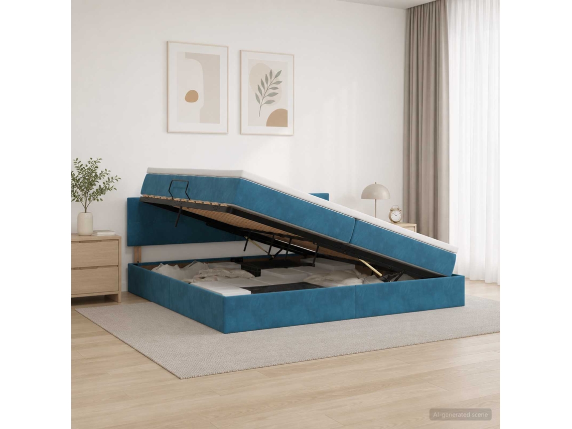 Vidaxl Cama Com Armazenamento Azul Escuro 200 X 200 Cm Veludo