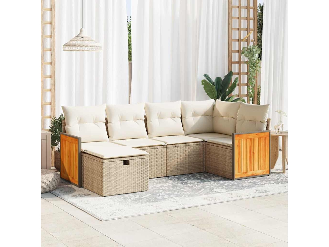 6 Pcs Conjunto De Sofás P/ Jardim Com Almofadões Vime Pe Bege Dkd Home Decor