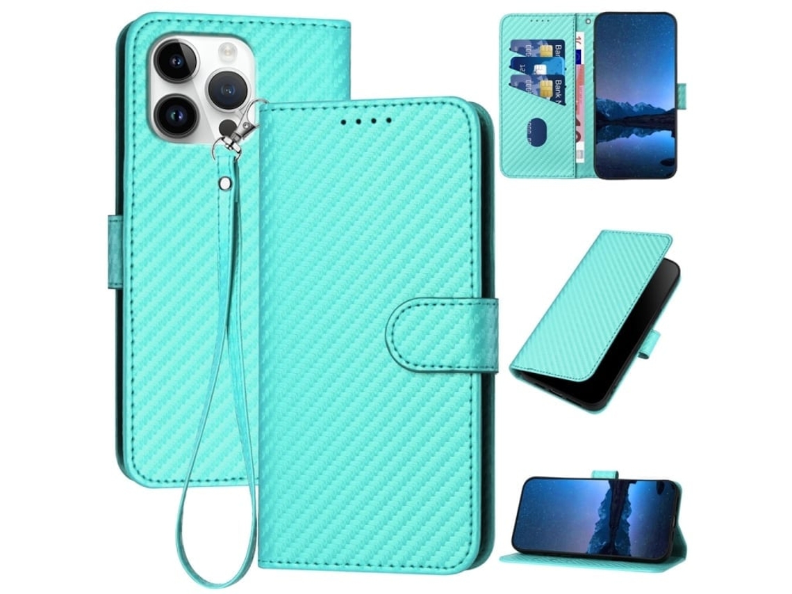 Capa De Couro Para Iphone 16 Pro Max - Fivela Em Fibra De Carbono - Com Cordão