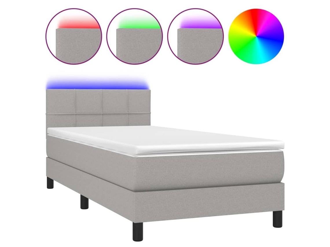 Cama Box Spring com Colchão e Led Tecido Cinza Claro MAISON EXCLUSIVE (100x200 cm)
