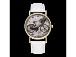 Relógio unissex casual de pulso estilo bicicleta, quartzo, pulseira de couro branca.