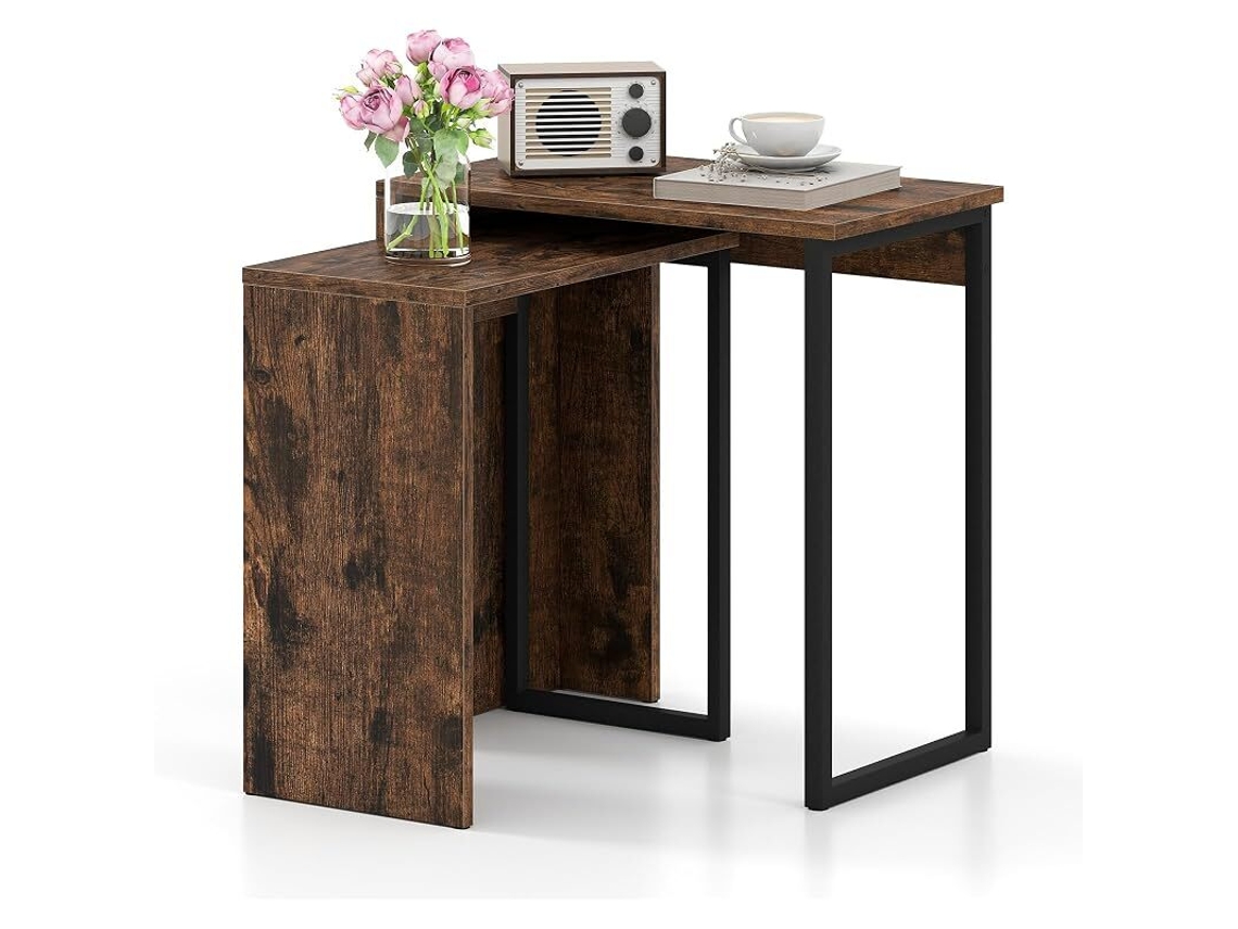 Mesa De Centro Costway Retangular (conjunto De 2 - Metal - Castanho)