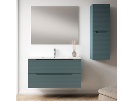 Móveis de Casa de Banho com Lavatório Espelho e Aplique Led Mod. Boreal 120X45 Cm Acabamento Azul Oceano Mate 2 Gavetas Suspensas KIBATH