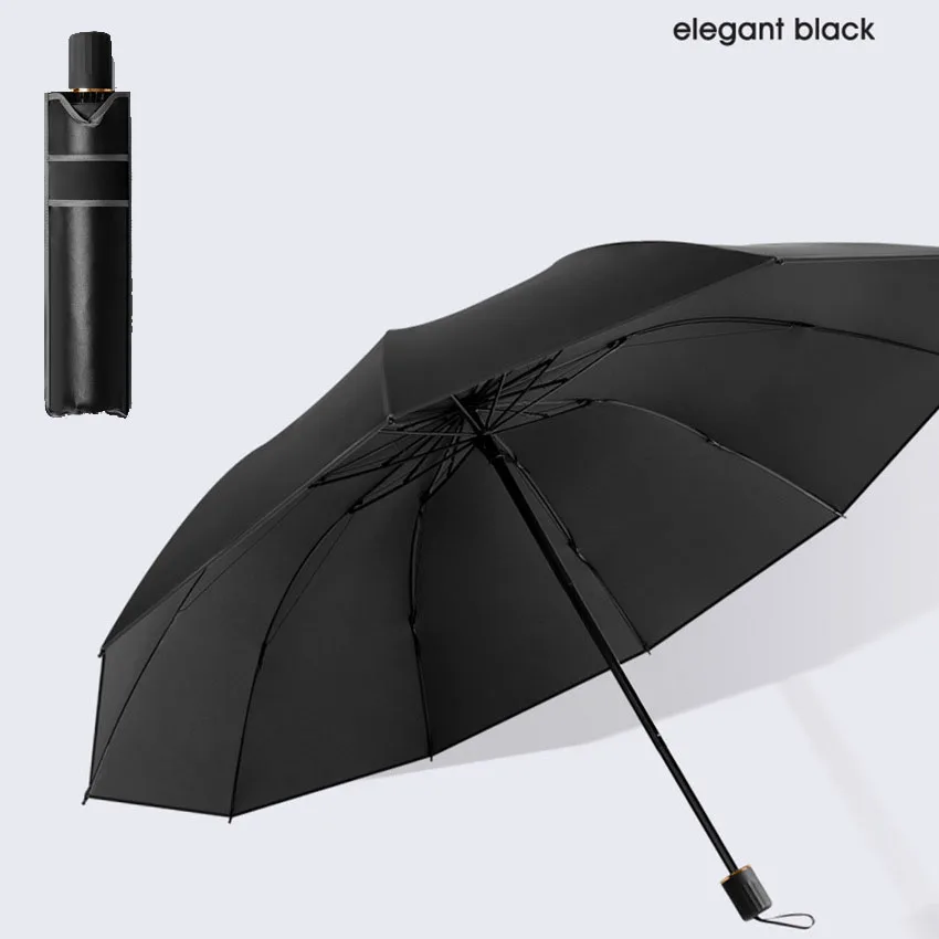 (preto, 10k) Guarda-chuva Dobrável Em Três Partes, Resistente Ao Vento E Com Estrutura Reforçada, Unissex.