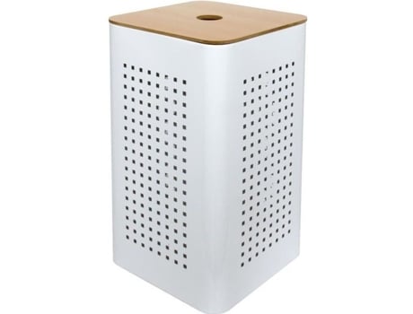 Cesto De Roupa Suja De Metal Branco Com Tampa De Madeira Branco 30 X 30 X 50 Cm Gelco