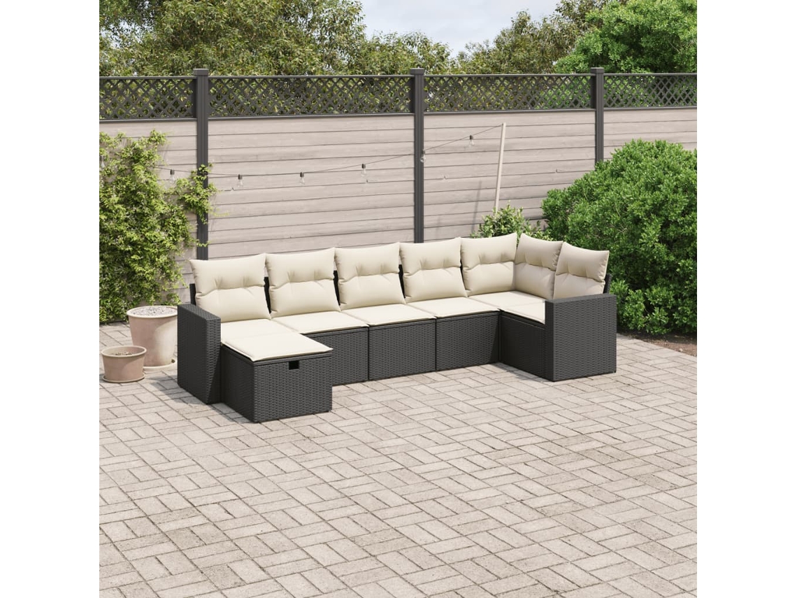 Vidaxl 7 Pcs Conjunto De Sofás P/ Jardim C/ Almofadões Vime Pe Preto