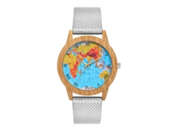 Reloj De Cuarta Unisex Pareja Dial Mapa Colorido De Madera Plata