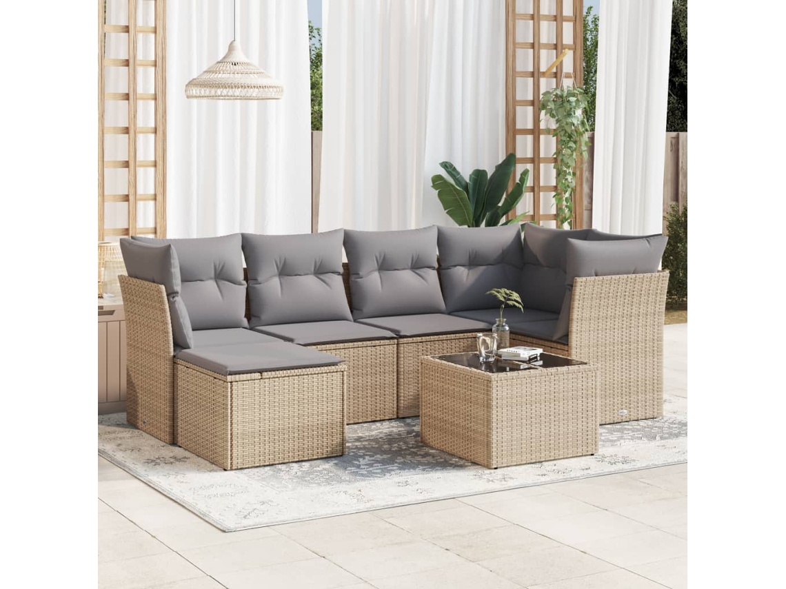 Vidaxl 7 Pcs Conjunto De Sofás P/ Jardim Com Almofadões Vime Pe Bege