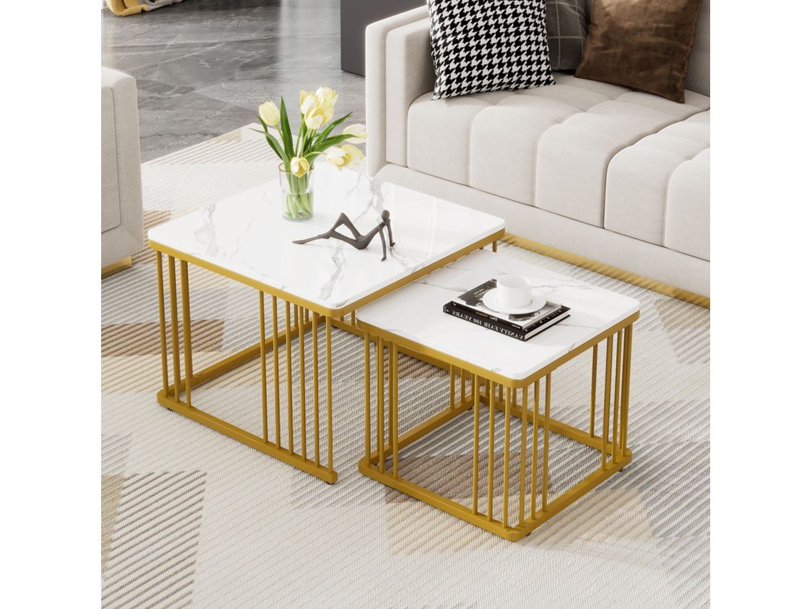 Conjunto Mesas Centro Quadradas Mármore Dourado 60+45 Empilháveis
