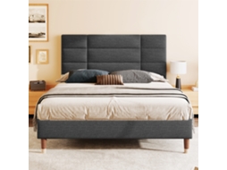 Cama Casal 140x200 Cm Estruturada em Linho, Grade de Molas, Baú, Colchão, Cinza KOMHTOM