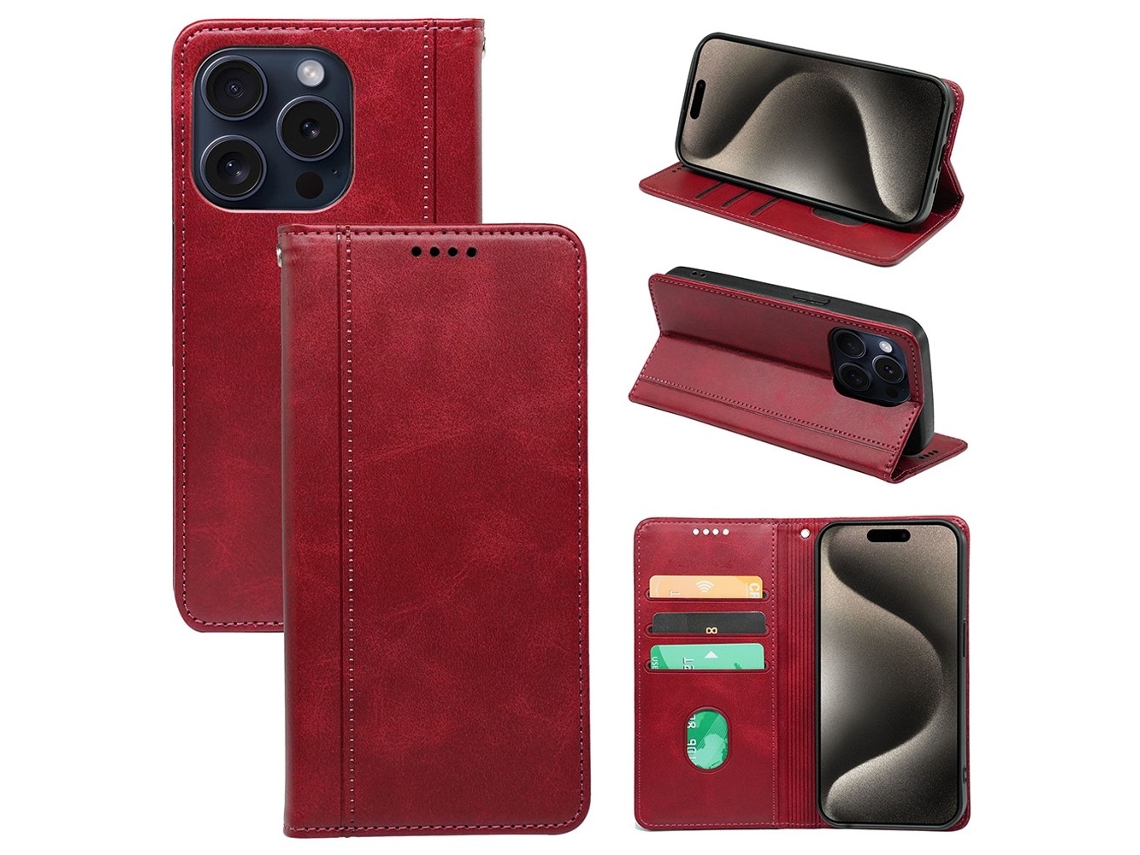 Capa Textura Gémeo Para Iphone 14 Pro Max Pele Sintética Magnética Vermelho