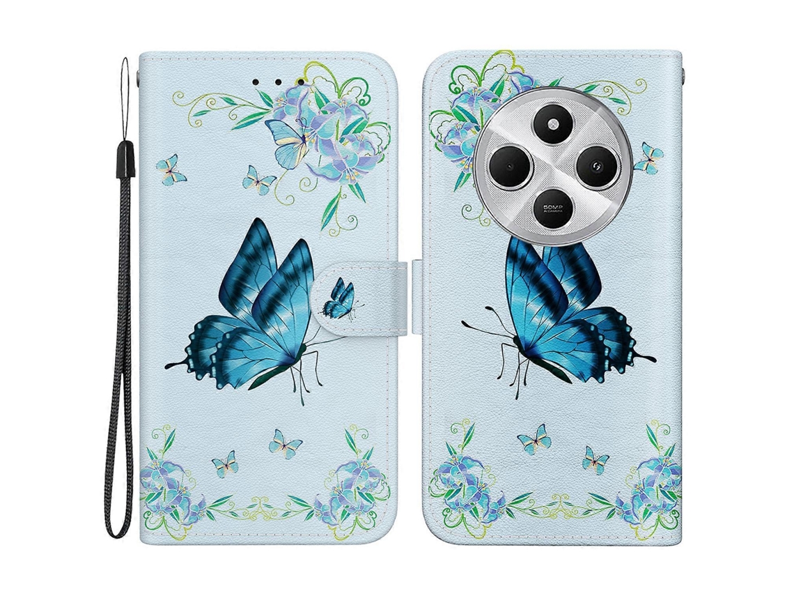 Compre Para Xiaomi Poco C75 4g / Redmi 14r 5g / 14c 4g Capa Tipo Carteira De Couro Com Estampa De Borboleta Azul E Flor, Antiqueda
