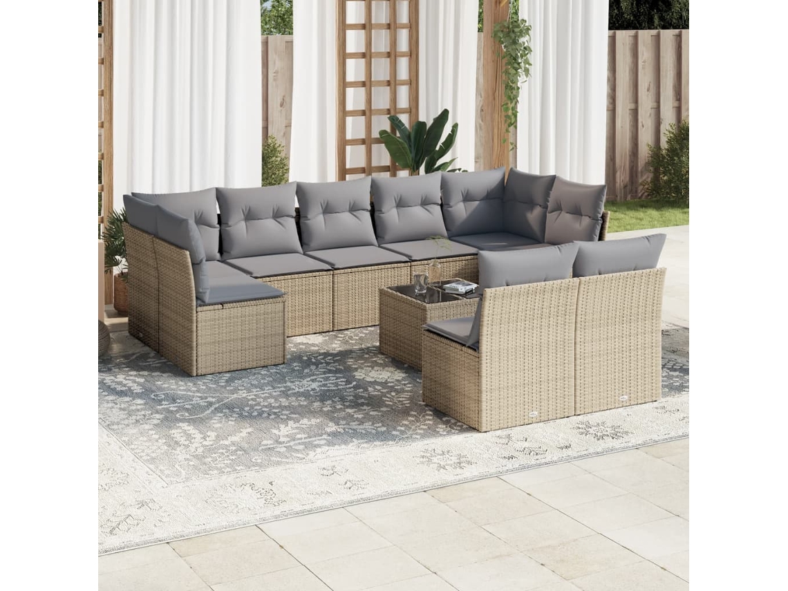Vidaxl 10 Pcs Conjunto De Sofás P/ Jardim Com Almofadões Vime Pe Bege