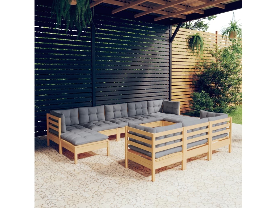 Vidaxl 10pcs Conjunto Lounge De Jardim + Almofadões Cinza Pinho Maciço