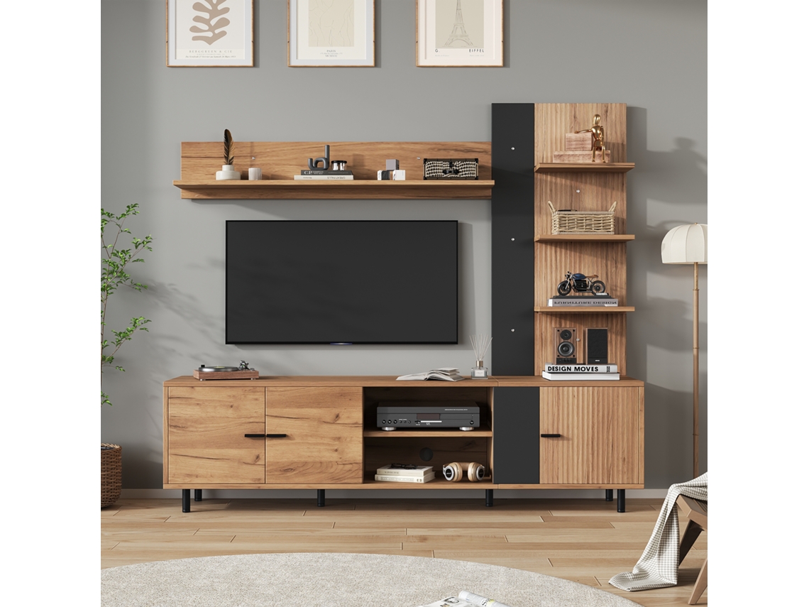 Conjunto De Parede Para Tv Madeira E Preto, 187,5 X 40 X 167 Cm, 3 Armários, Vitrine E Nichos, Até 80 Polegadas