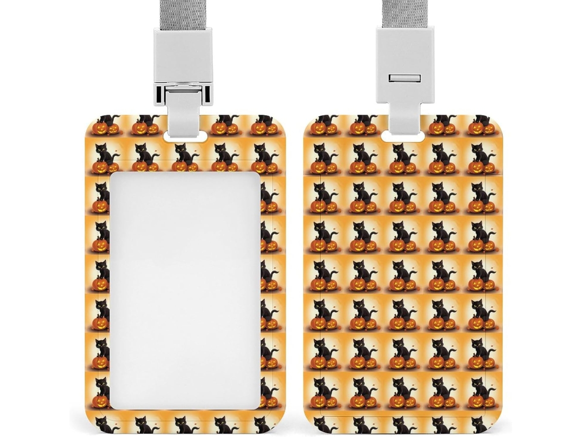 Porta-crachá de Halloween com estampa de abóbora, porta-crachá vertical resistente em plástico.