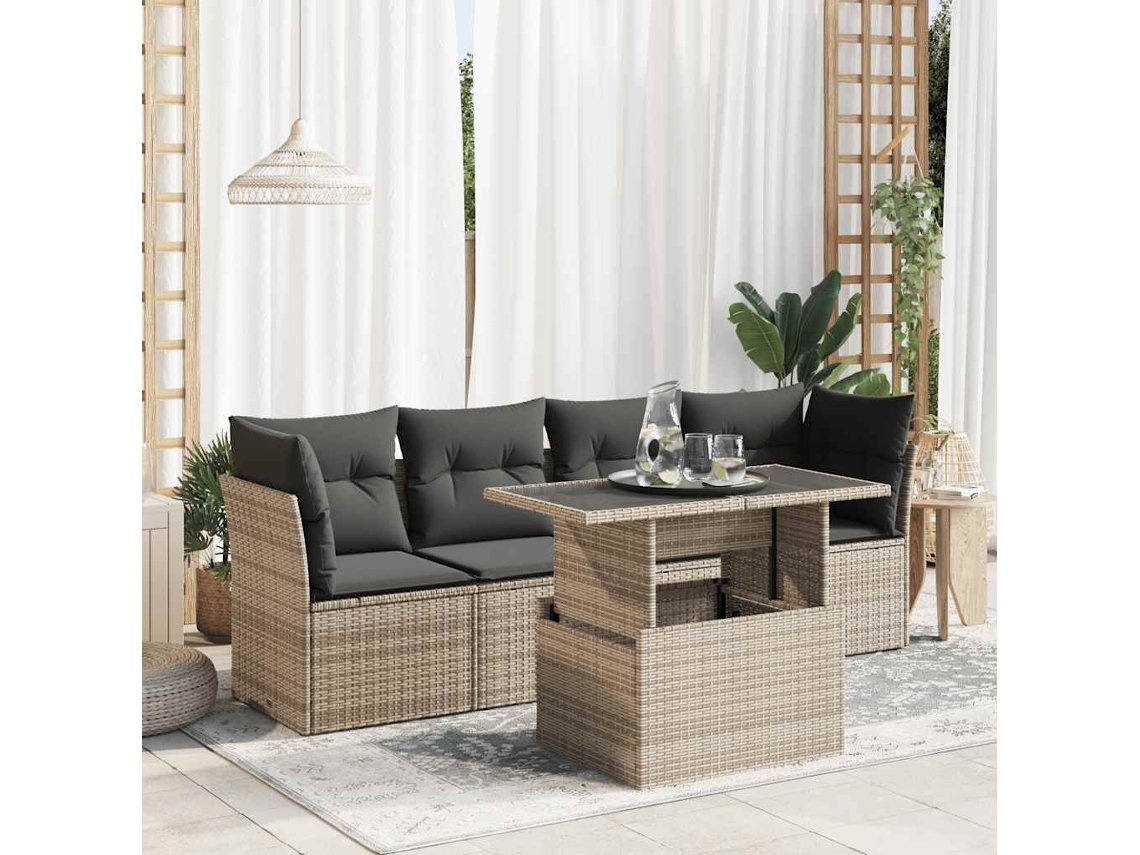 Vidaxl 5 Pcs Conjunto Sofás De Jardim C/ Almofadões Vime Pe Cinzento