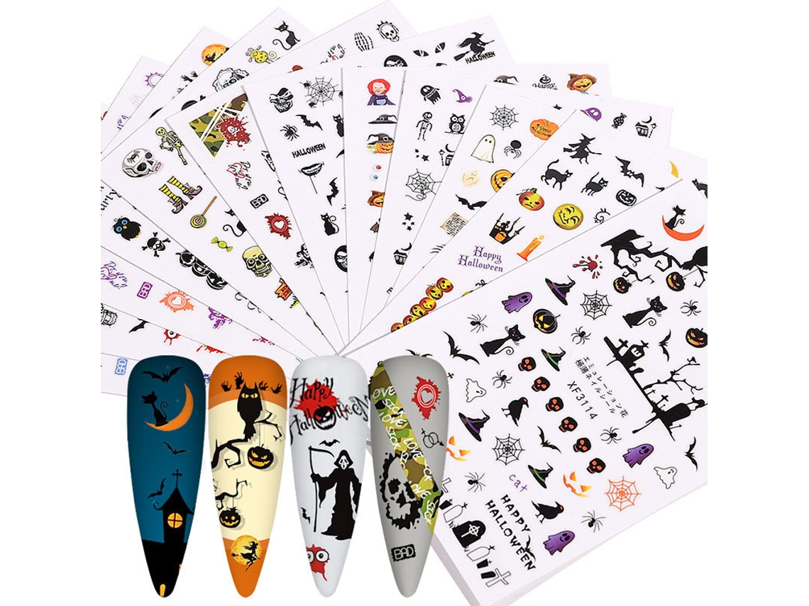 12 Adesivos De Unha De Halloween Abóbora Esqueleto Decoração Manual Para Unhas