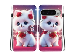 Capa De Couro Tkdaddy Para Google Pixel 9 Pro / Pixel 9 Com Suporte, Carteira, Estampa, Capa De Celular Com Alça De Pulso, Gato Rosa