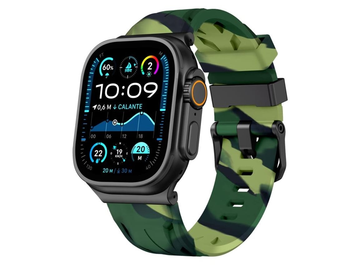 Bracelete Para Apple Watch 46/49/45/44mm - Silicone Preta Com Fivela De Pino Camuflagem Verde Militar