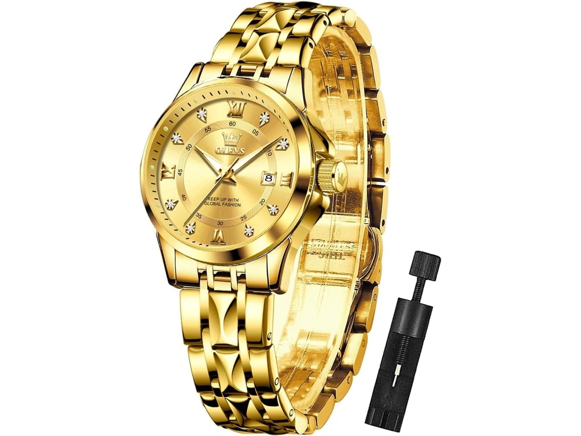 Lurelia Relógio Feminino, Movimento De Quartzo, Analógico, Data/calendário, Luminoso, Duplo Fuso/mostrador, Aço Inoxidável, Dourado