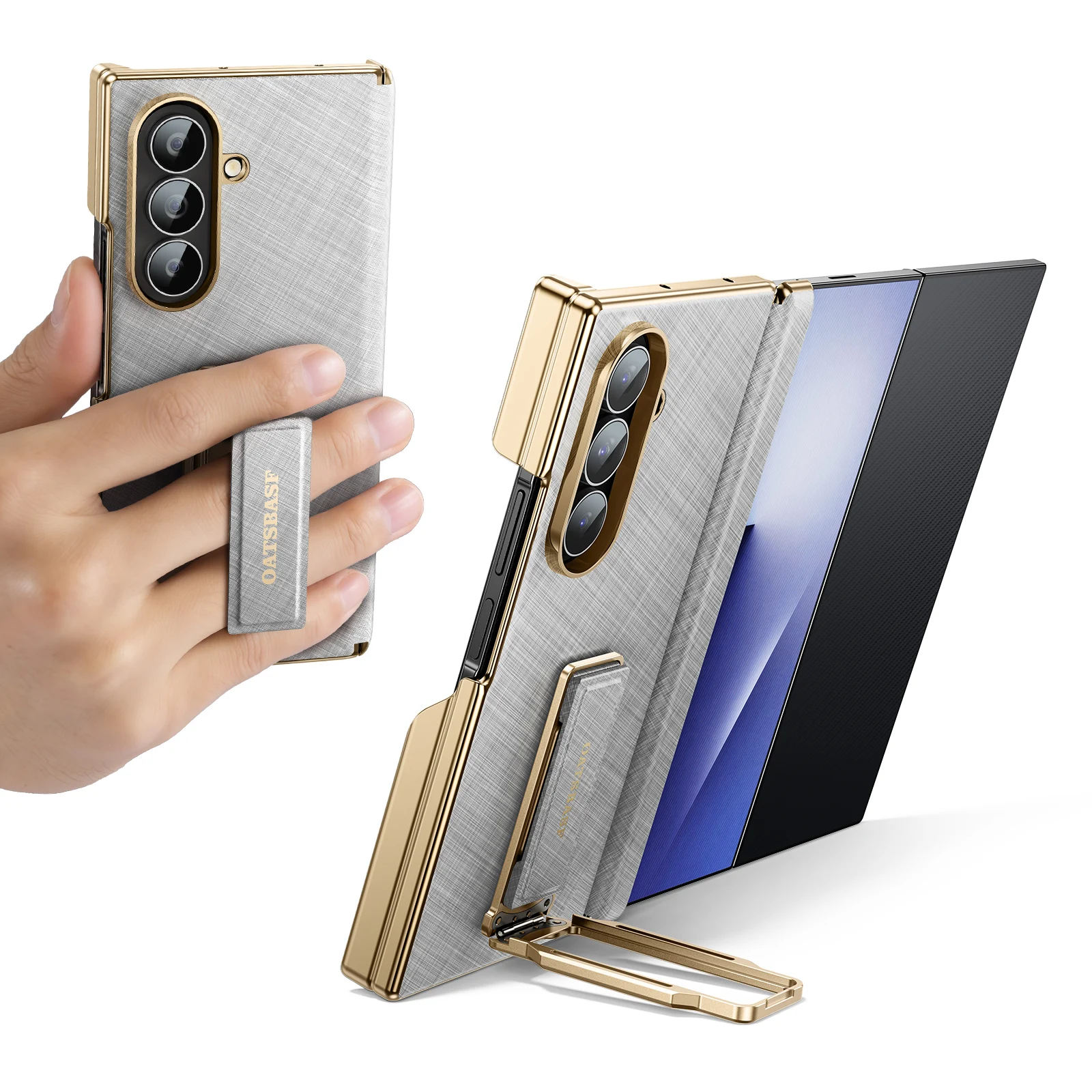 Capa De Couro Genuíno (prateada) Para Samsung Galaxy Z Tri-fold Com Suporte Giratório De 360° E Estrutura Metálica.