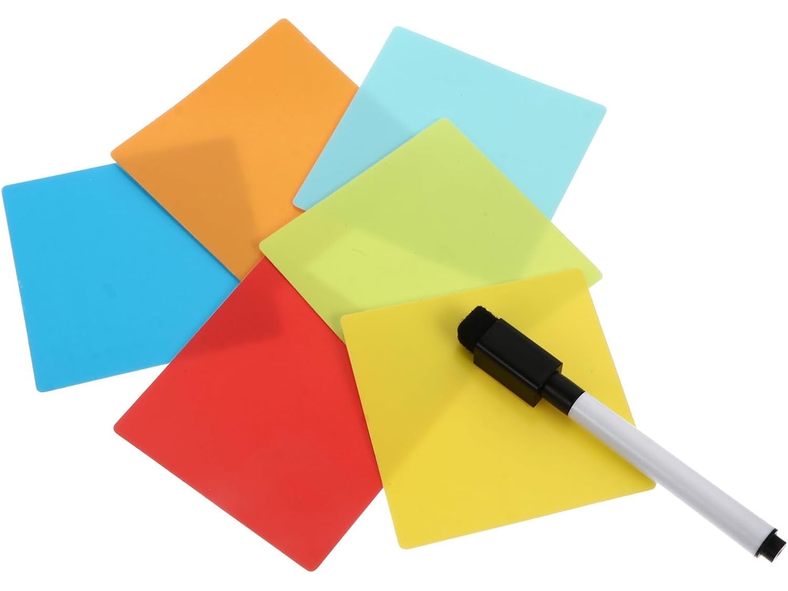Pacote com 12 blocos de notas adesivas reutilizáveis de 7,6 x 7,6 cm (3 x 3 polegadas), multicoloridas, fundo branco, apagáveis.
