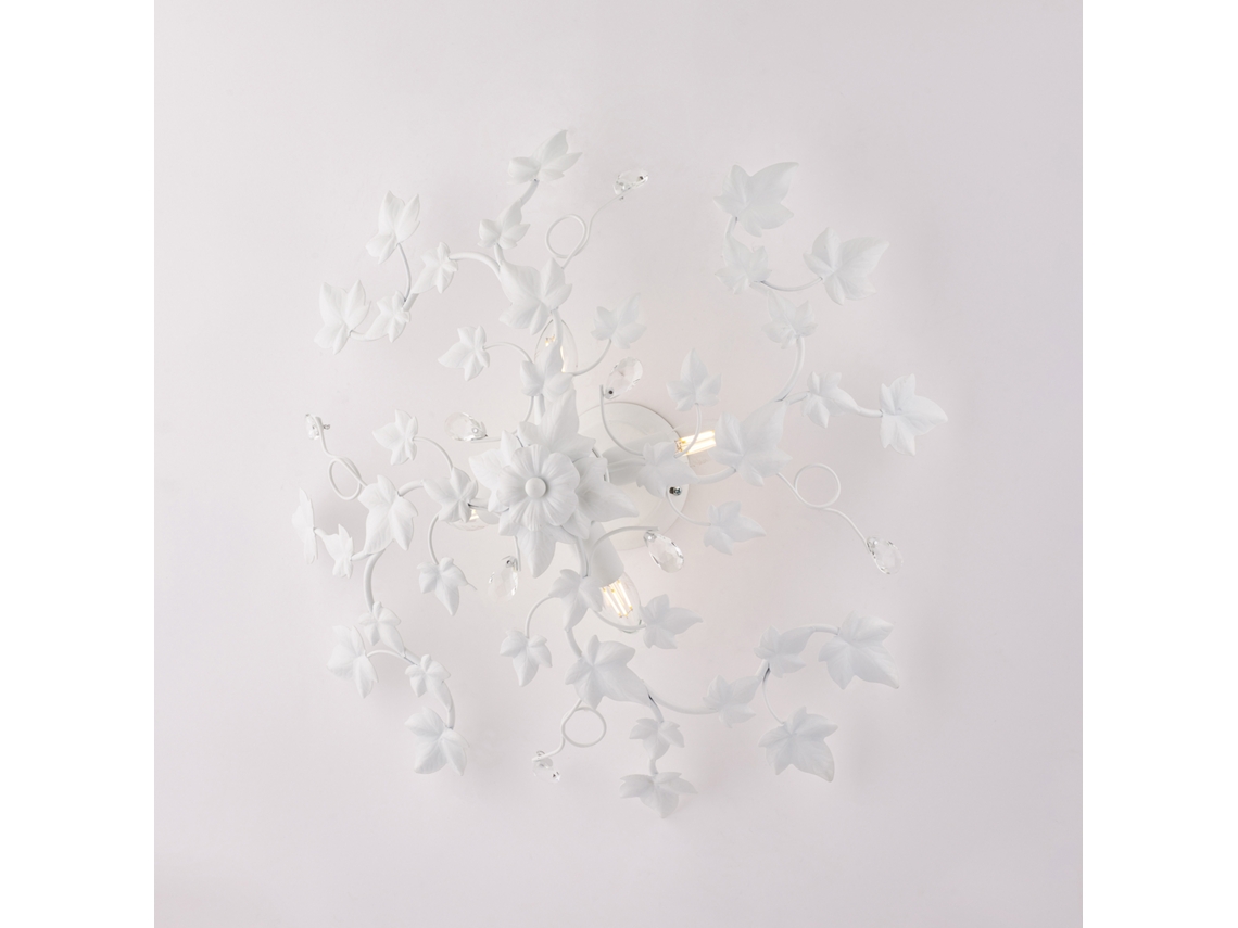 Edera Plafon Em Ferro Lacado Branco Com Decoração. Efeito Shabby Chic E Strass Cristal 4 Luzes H.22 Ø60 Bl50 Pl4 Bco Belight