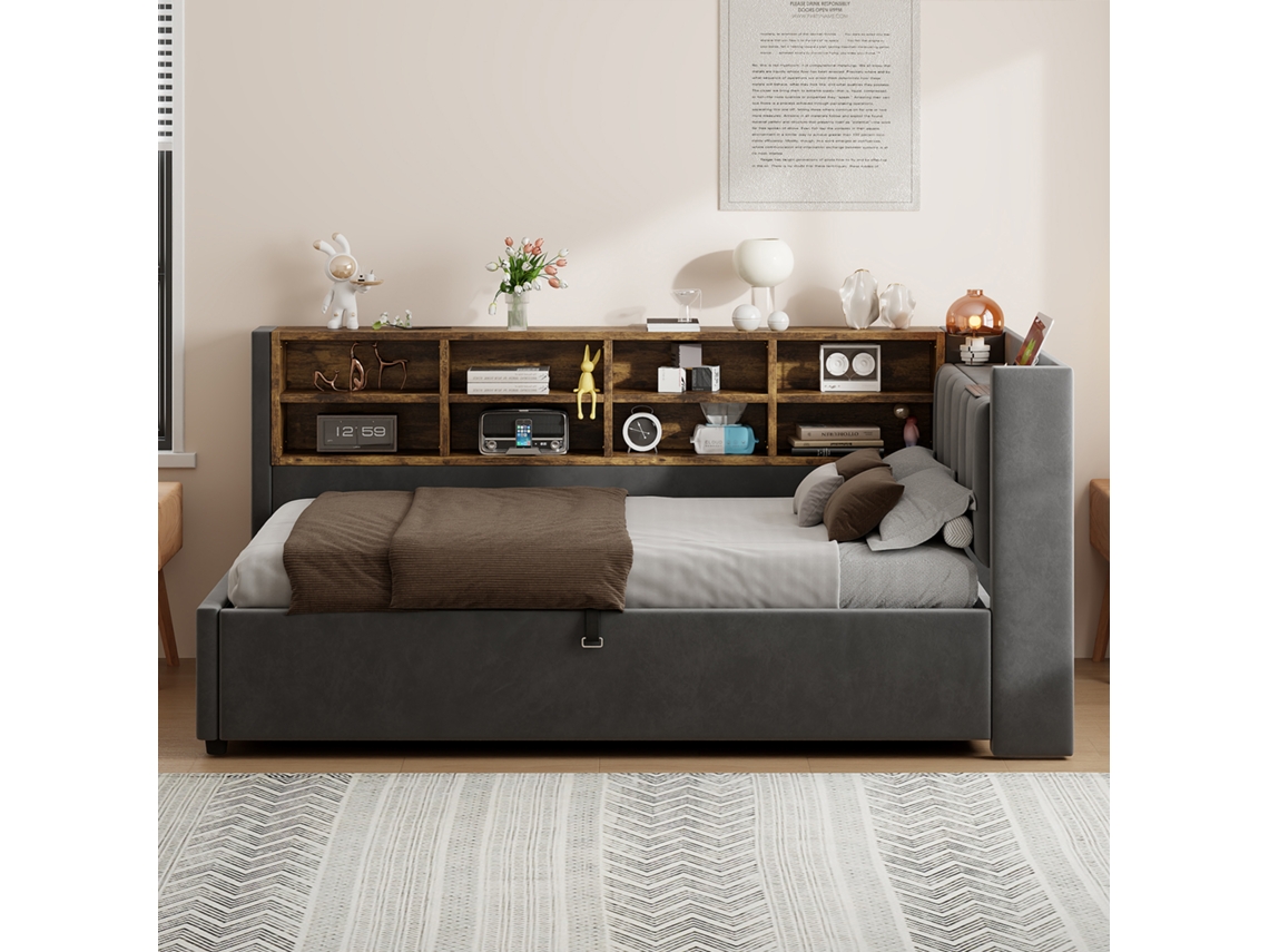 Cama Dia Estofada 90x200 Cm Em Veludo Com Compartimento Hidráulico, Luz Noturna, Usb C, Prateleiras E Estrado, Cinza Escuro
