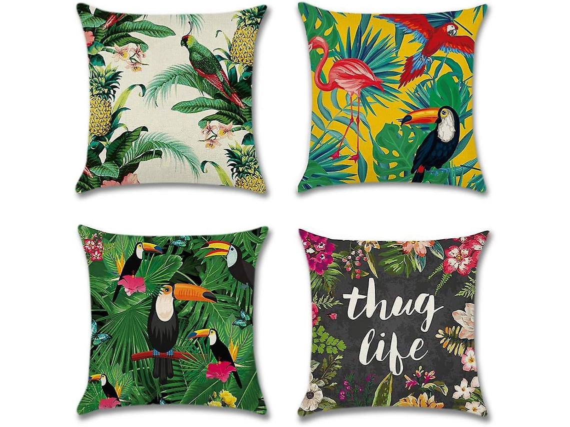 Conjunto De 4 Capas De Almofada Com Flamingos E Plantas Tropicais - 45 X 45 Cm, Capas De Almofada Decorativas Em Algodão E Linho Para Sofá, Carro E De