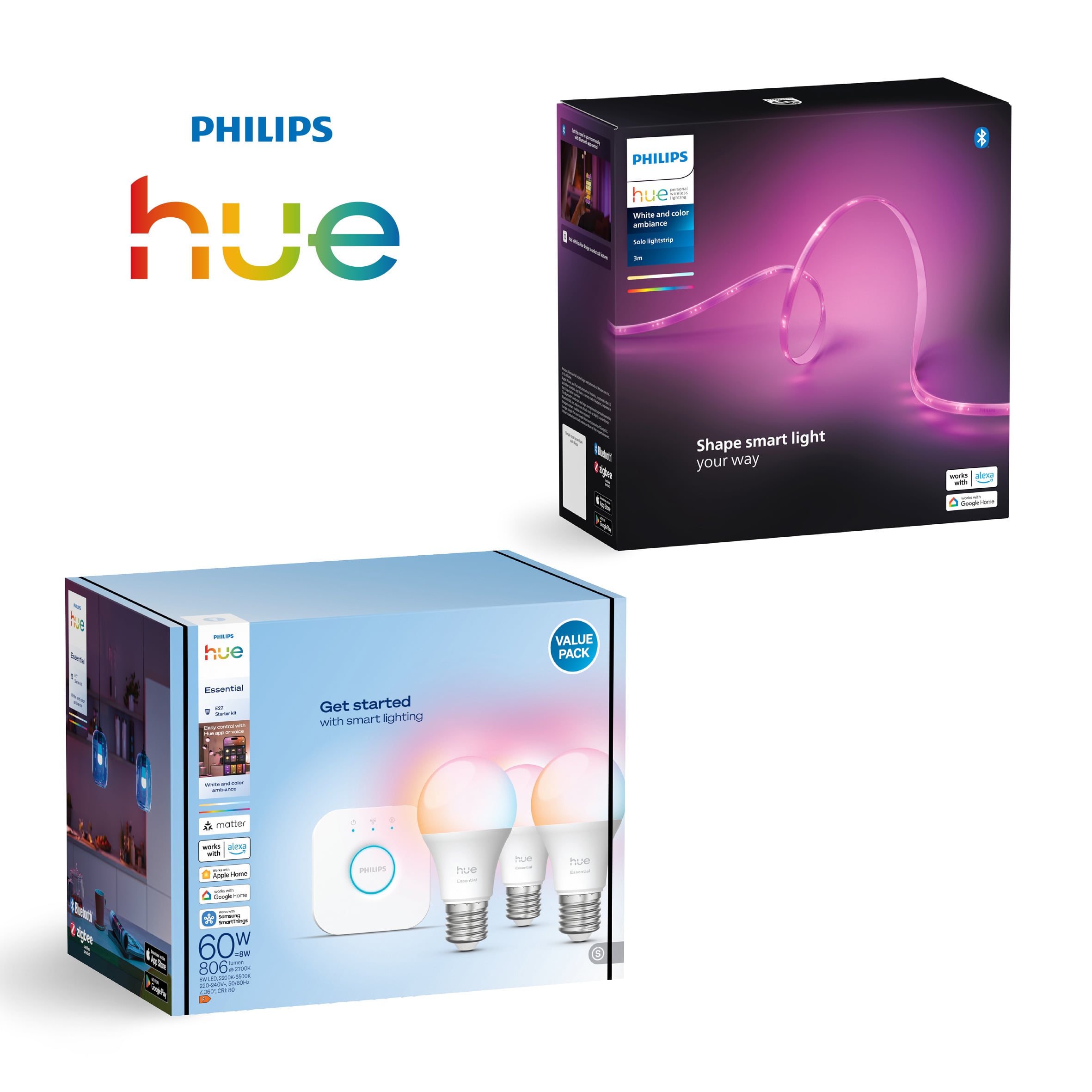 Pack Started 3 Lâmpadas PHILIPS Hue Ewca A60E27 + Fita Led PHILIPS Hue Solo 3 Metros