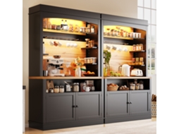Armário Cozinha Alto 107x43x184 Cm, Vitrine, Buffet, Led, Prateleira Aberta, Preto