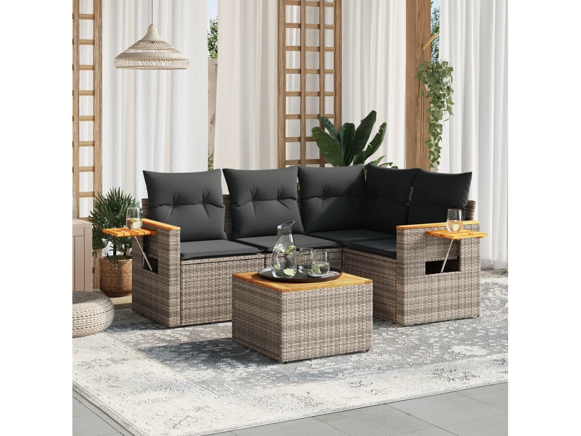 Vidaxl 5 Pcs Conjunto Sofás de Jardim C/ Almofadões Vime Pe Cinzento