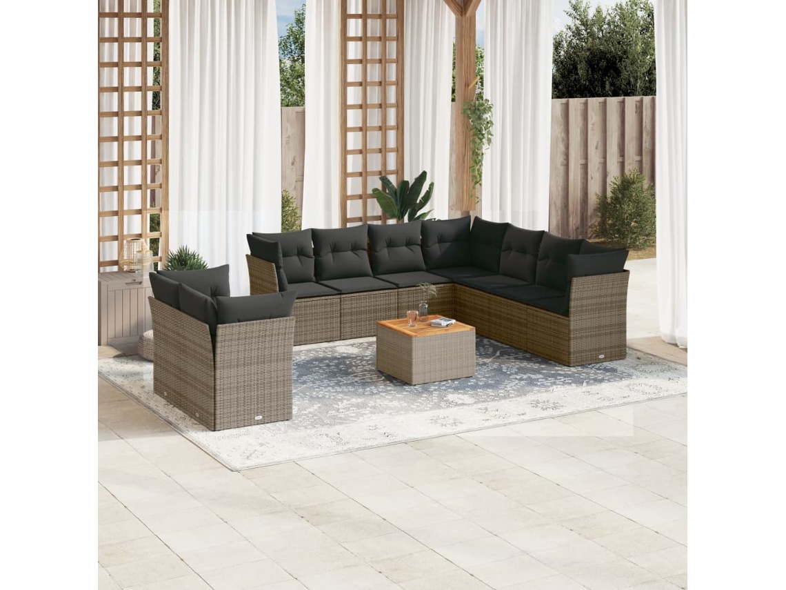 Vidaxl 10 Pcs Conjunto Sofás De Jardim C/ Almofadões Vime Pe Cinzento