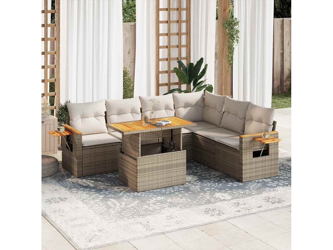 Vidaxl 7 Pcs Conjunto Sofás Jardim Com Almofadões Vime Pe/acácia Bege